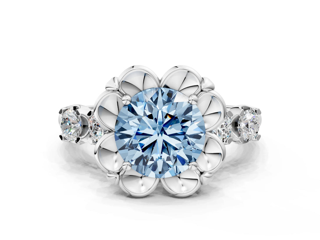 Platinum Fancy Blue Round  Cut Diamond Floral Halo Engagement Ring with Shared Prong Setting 1
