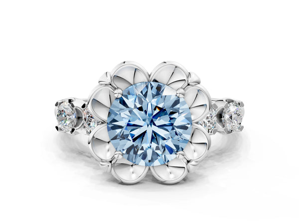 Platinum Round Floral Engagement Ring Setting for Fancy Blue Center with Side Accents
