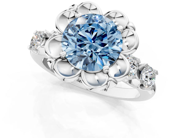 Platinum Round Floral Engagement Ring Setting for Fancy Blue Center with Side Accents