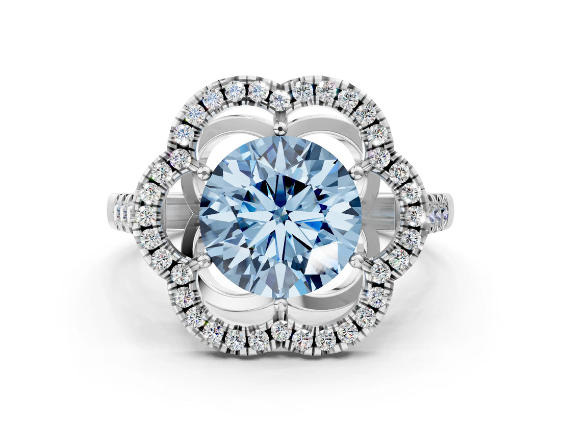 Platinum Fancy Blue Round Cut Diamond Floral Halo Split Shank Prong Setting Ring_6