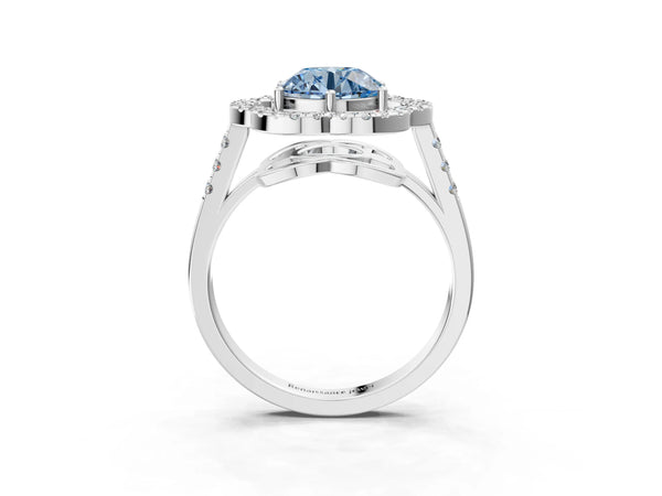 Platinum Fancy Blue Round Cut Diamond Floral Halo Split Shank Prong Setting Ring