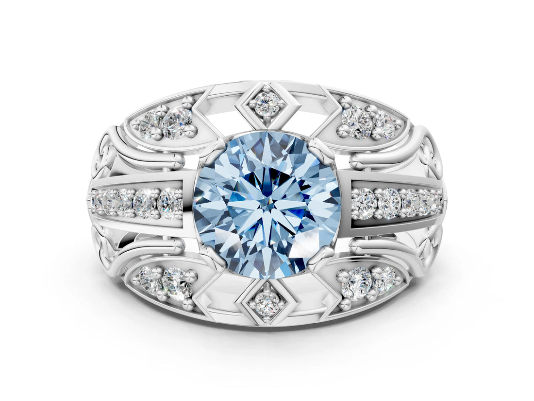 Platinum Fancy Blue Round Cut Diamond Pave Art Deco Split Shank Ring with Four-Prong Setting_6