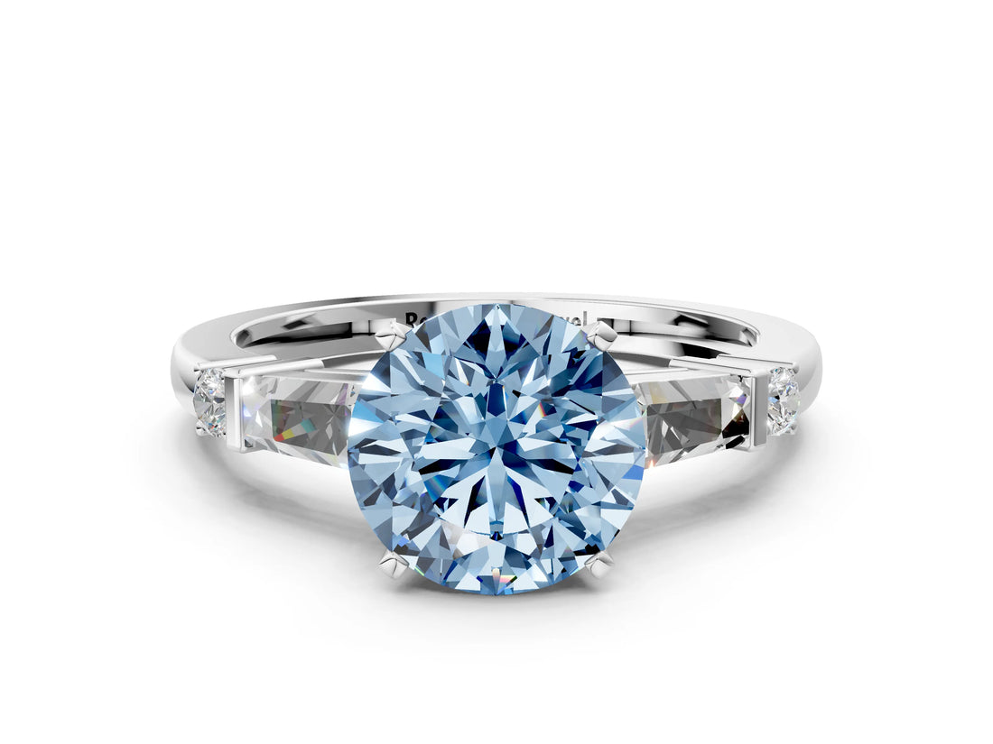 Platinum Fancy Blue Round  Cut Diamond Ring with Baguette Side Stones, Channel Set Band, and Four-Prong Setting_24