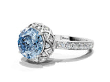 Platinum Fancy Blue Round Cut Diamond Scalloped Halo Engagement Ring with Round Shared Prong Band