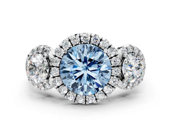 Platinum Round Three Stone Halo Engagement Ring Setting for Fancy Blue Center