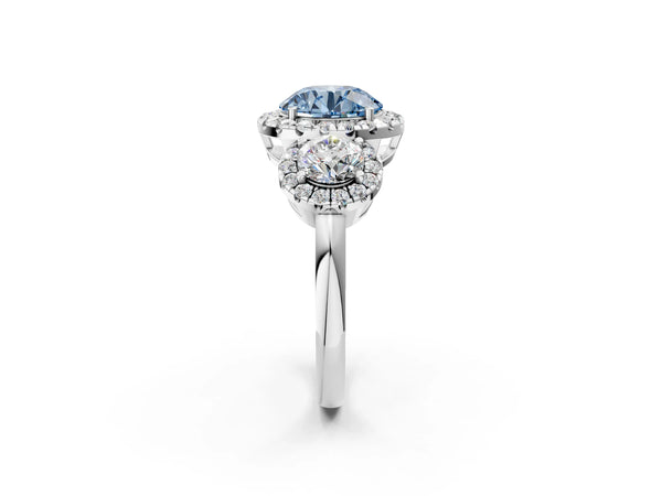 Platinum Round Three Stone Halo Engagement Ring Setting for Fancy Blue Center
