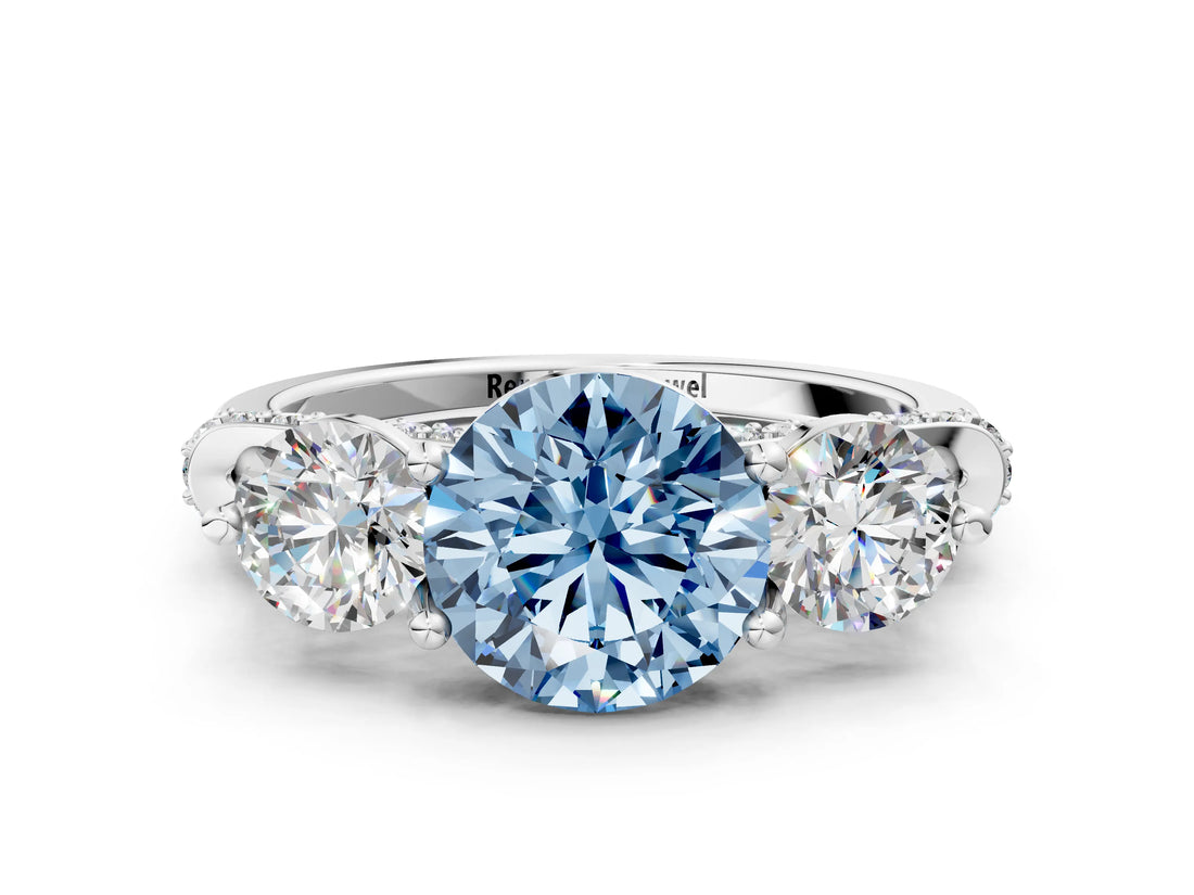 Platinum Fancy Blue Round Cut Diamond Three-Stone Ring with Prong Setting and Pavé Band_12
