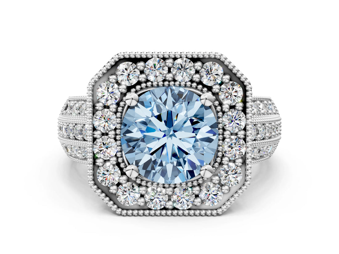 Platinum Fancy Blue Round Cut Halo Diamond Engagement Ring with Pave Split Shank and Four-Prong Setting_30