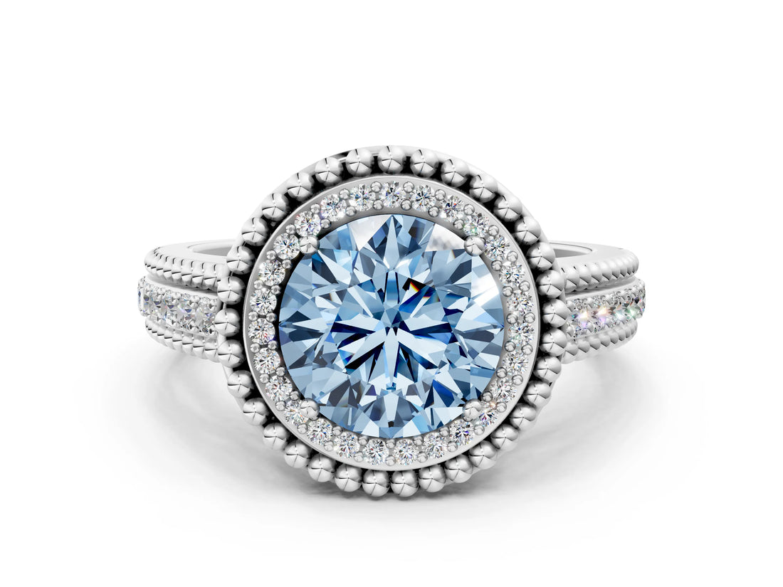 Platinum Fancy Blue Round Cut Halo Diamond Ring with Beaded Split Shank and Four-Prong Setting_6