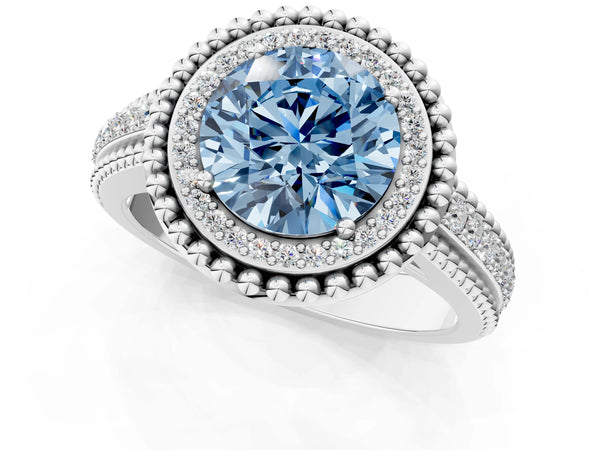 Platinum Round Beaded Halo Engagement Ring Setting for Fancy Blue Center with Pave
