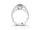 Platinum Fancy Blue Round Cut Halo Diamond Ring with Beaded Split Shank and Four-Prong Setting_9