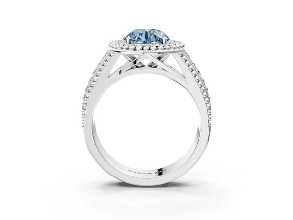 Platinum Round Beaded Halo Engagement Ring Setting for Fancy Blue Center with Pave