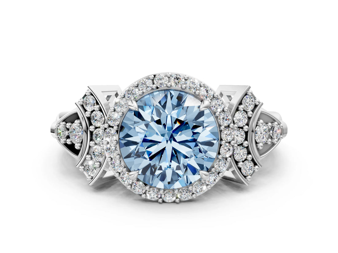 Platinum Fancy Blue Round Cut Halo Diamond Split Shank Engagement Ring with Four-Prong Setting_6