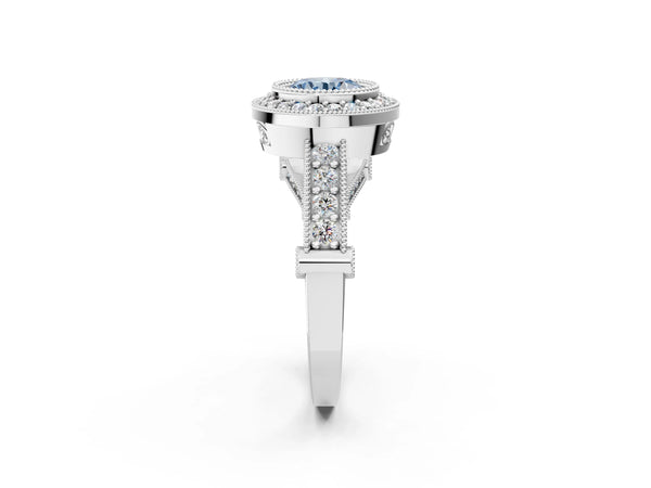 Platinum Round Vintage Bezel Halo Engagement Ring Setting for Fancy Blue Center
