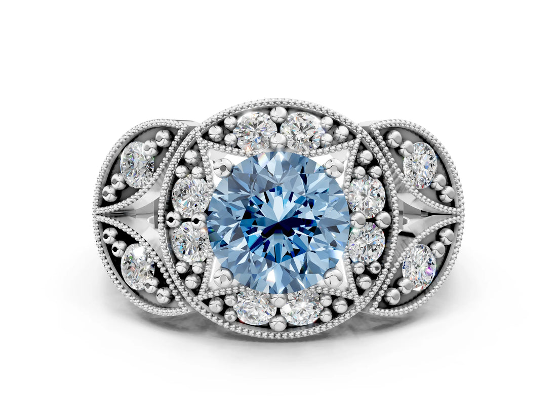 Platinum Fancy Blue Round Cut Halo Milgrain Diamond Engagement Ring with Leaf Band and Four-Prong Setting_12