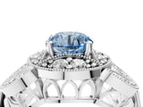 Platinum Fancy Blue Round Cut Halo Milgrain Diamond Engagement Ring with Leaf Band and Four-Prong Setting_16