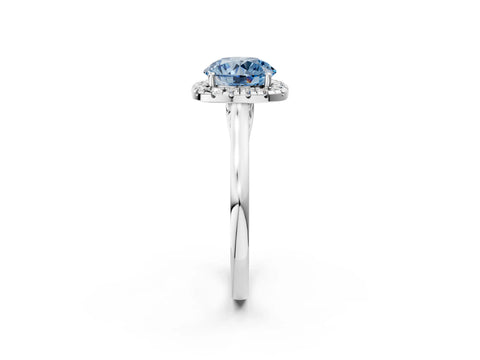 Platinum Fancy Blue Round Cut Halo Round Diamond Solitaire Ring with Pavé Band and Four-Prong Setting_26