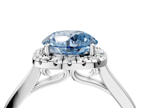 Platinum Fancy Blue Round Cut Halo Round Diamond Solitaire Ring with Pavé Band and Four-Prong Setting_28