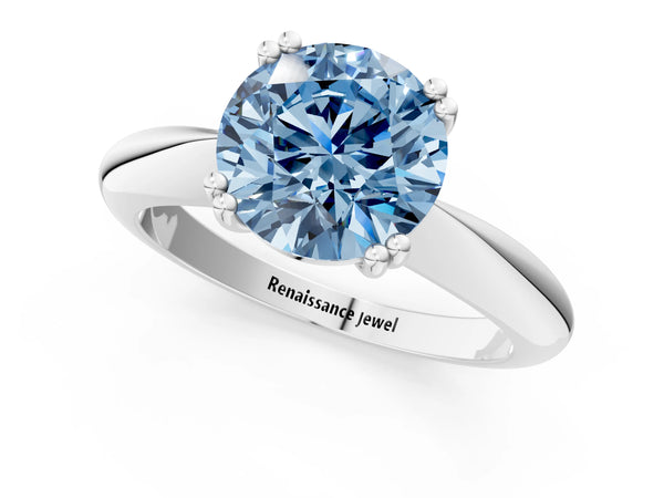 Platinum Fancy Blue Round  Cut Solitaire Engagement Ring with Tapered Band and Four-Prong Setting