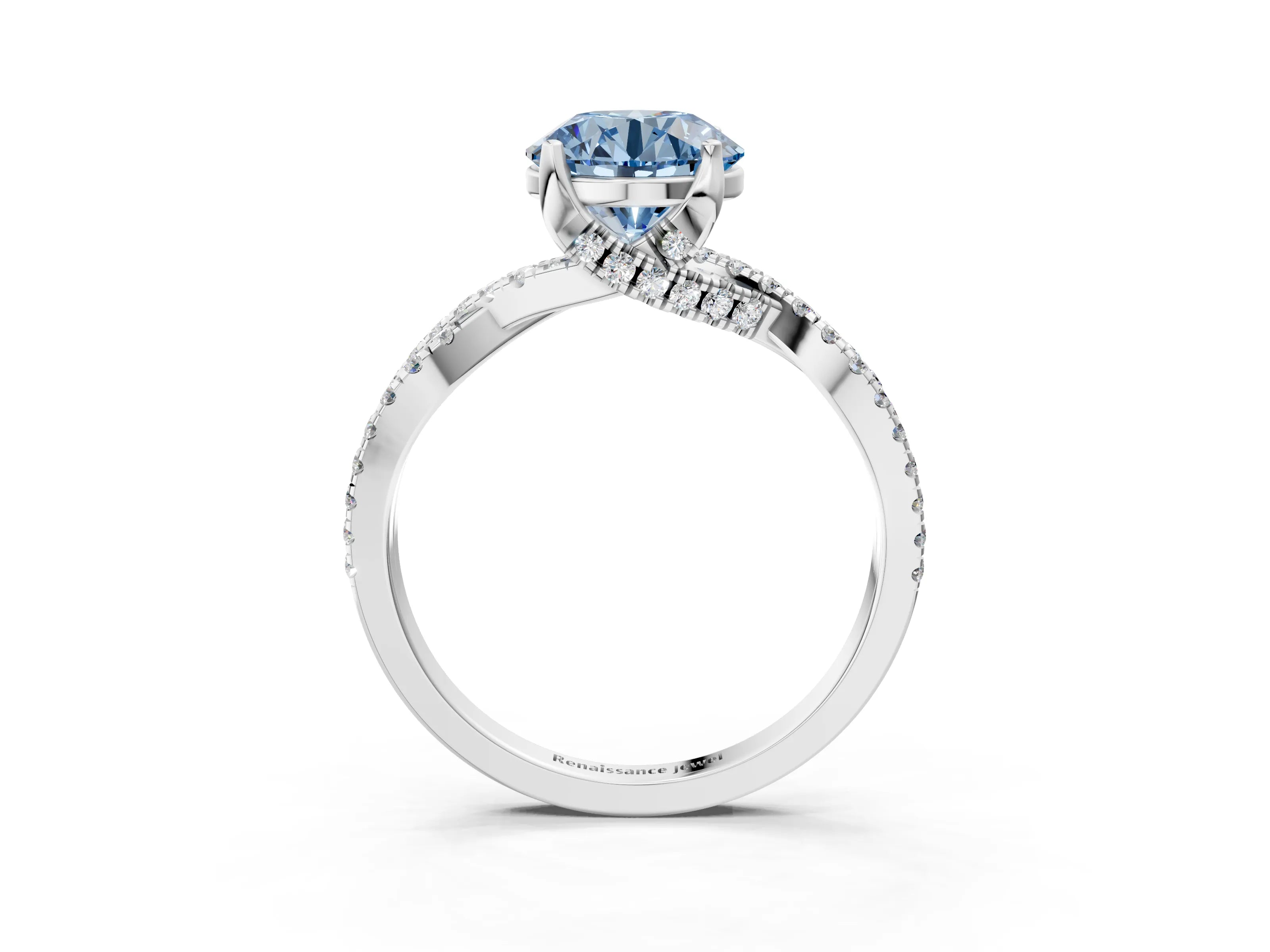 Platinum Fancy Blue Round Cut Solitaire Twist Pave Diamond Engagement Ring with Prong Setting_69