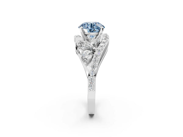 Platinum Fancy Blue Round  Diamond Halo Ring with Marquise and Pavé Band in Prong Setting