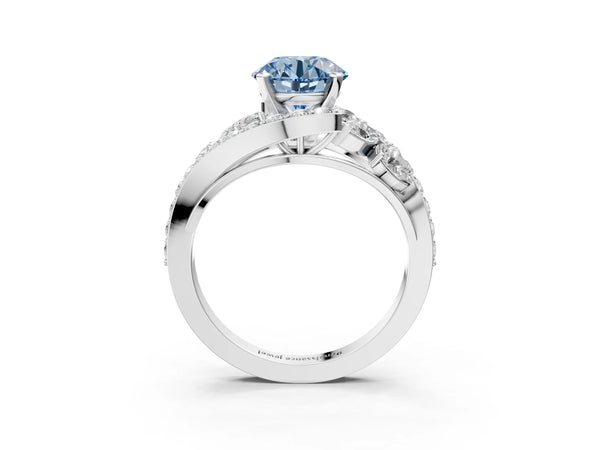 Platinum Fancy Blue Round  Diamond Halo Ring with Marquise and Pavé Band in Prong Setting