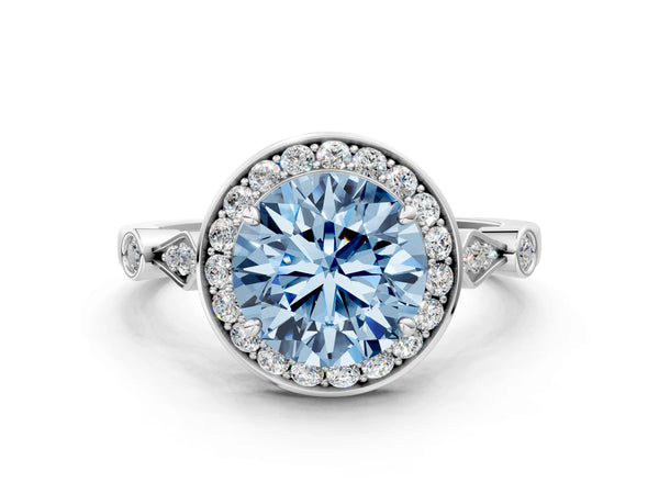 Platinum Fancy Blue Round  Halo Diamond Engagement Ring with Twisted Band and Four-Prong Setting