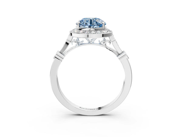 Platinum Fancy Blue Round  Halo Diamond Engagement Ring with Twisted Band and Four-Prong Setting