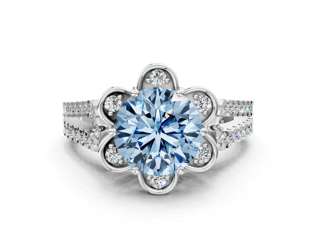 Platinum Fancy Blue Round  Halo Diamond Floral Split Shank Engagement Ring 1