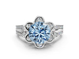 Platinum Fancy Blue Round  Halo Diamond Floral Split Shank Engagement Ring 1