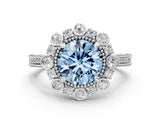 Platinum Fancy Blue Round  Halo Milgrain Pave Diamond Ring with Four-Prong Setting 1