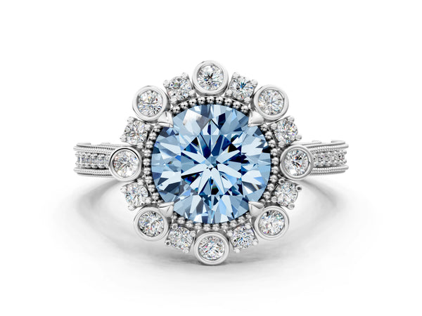 Platinum Fancy Blue Round  Halo Milgrain Pave Diamond Ring with Four-Prong Setting