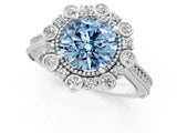 Platinum Fancy Blue Round  Halo Milgrain Pave Diamond Ring with Four-Prong Setting 2