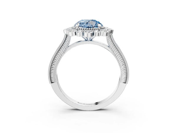 Platinum Fancy Blue Round  Halo Milgrain Pave Diamond Ring with Four-Prong Setting