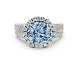 Platinum Fancy Blue Round  Halo Round Diamond Pave Band with Prong Setting