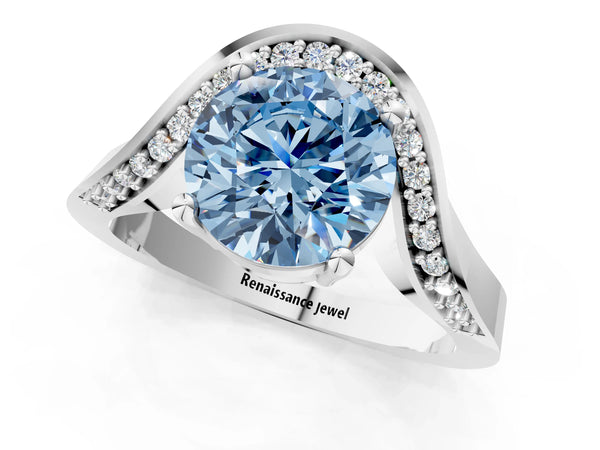 Platinum Round Bypass Solitaire Engagement Ring Setting for Fancy Blue Center with Pave Wave Band