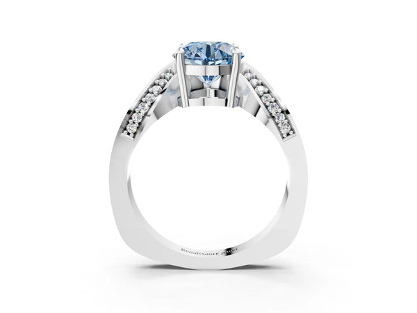 Platinum Round Bypass Solitaire Engagement Ring Setting for Fancy Blue Center with Pave Wave Band