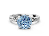 Platinum Fancy Blue Round  Solitaire Diamond Engagement Ring with XO Engraved Band and Four-Prong Setting