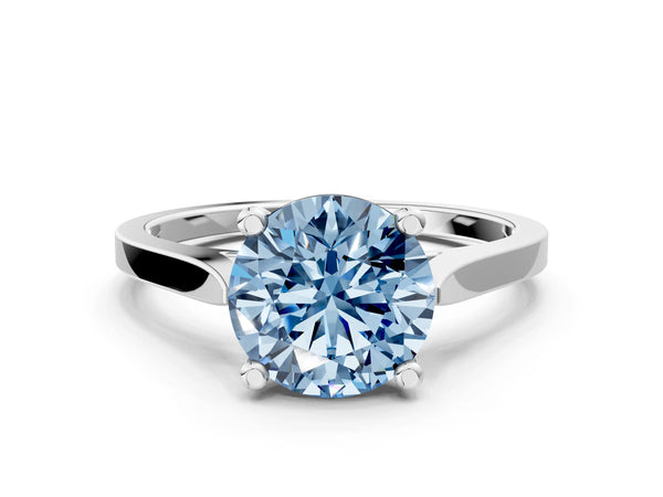 Platinum Fancy Blue Round  Solitaire Diamond Ring with Four-Prong Setting and Tapered Band