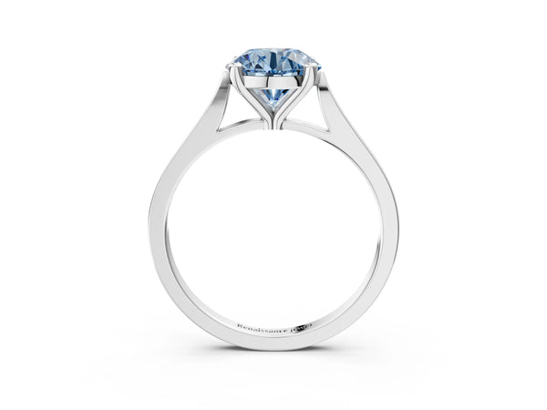 Platinum Fancy Blue Round  Solitaire Diamond Ring with Four-Prong Setting and Tapered Band