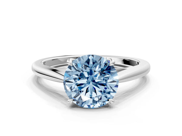 Platinum Fancy Blue Round  Solitaire Engagement Ring with Four-Prong Setting and Classic Band