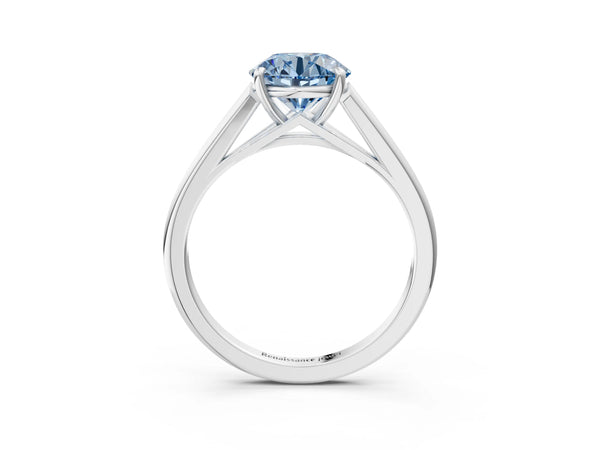 Platinum Fancy Blue Round  Solitaire Engagement Ring with Four-Prong Setting and Classic Band