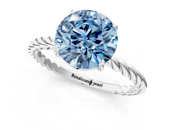 Platinum Fancy Blue Round  Solitaire Twist Band Ring with Four-Prong Setting