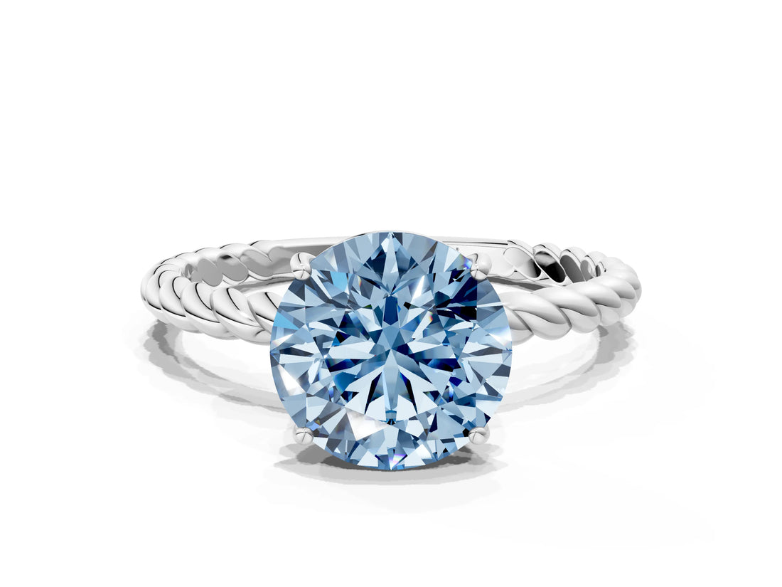 Platinum Fancy Blue Round  Solitaire Twist Band Ring with Four-Prong Setting_2