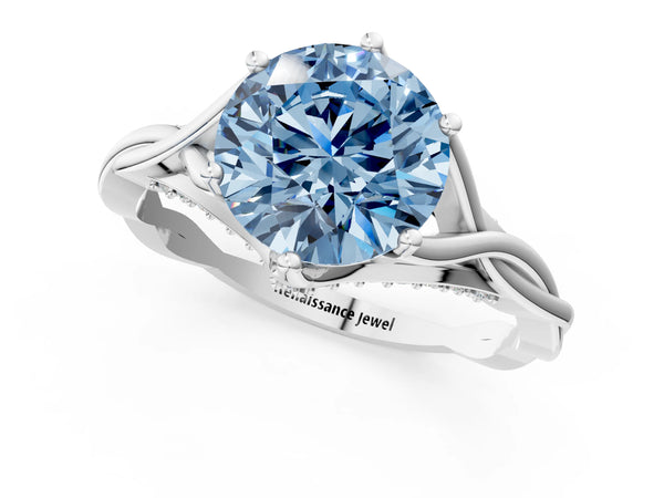 Platinum Fancy Blue Round  Solitaire Twist Band Six-Prong Setting