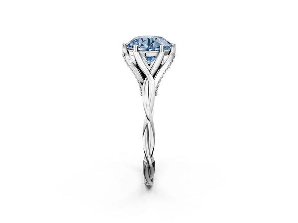 Platinum Fancy Blue Round  Solitaire Twist Band Six-Prong Setting