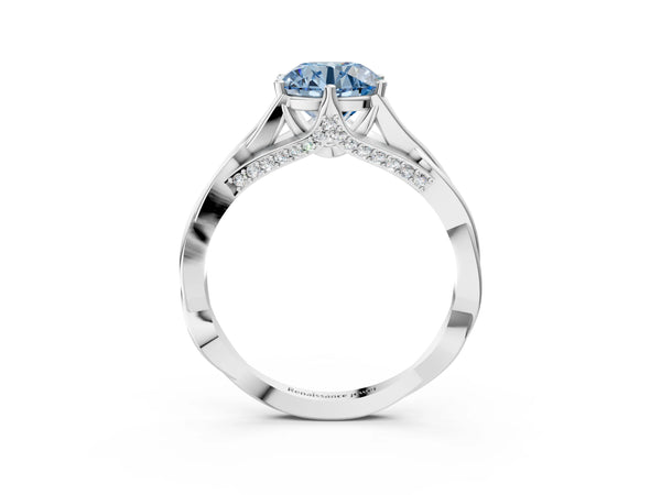 Platinum Fancy Blue Round  Solitaire Twist Band Six-Prong Setting