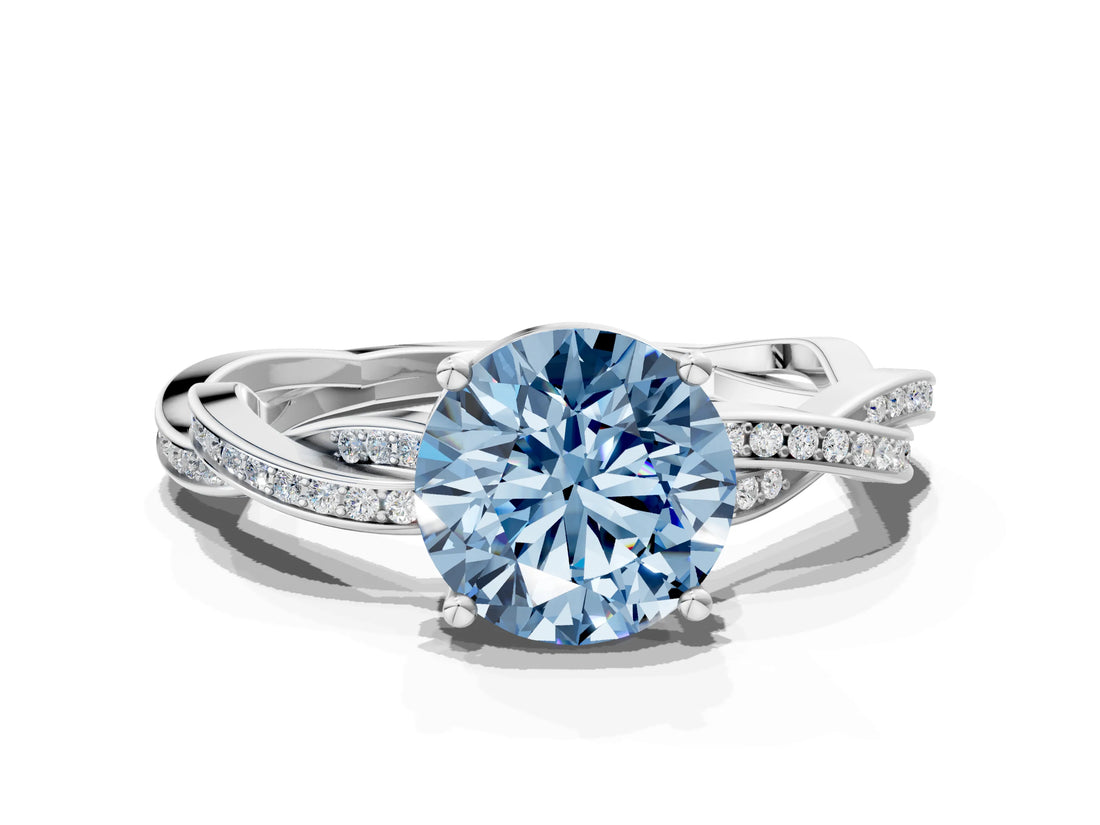 Platinum Fancy Blue Round  Solitaire Twisted Pave Diamond Ring with Four-Prong Setting