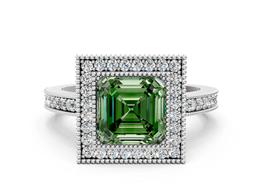 Platinum Fancy Green Asscher Cut-Cut Diamond Halo Engagement Ring with Pave Band and Prong Setting_12