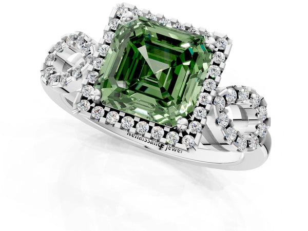 Platinum Asscher Cut Pave Infinity Halo Engagement Ring Setting for Fancy Green Center